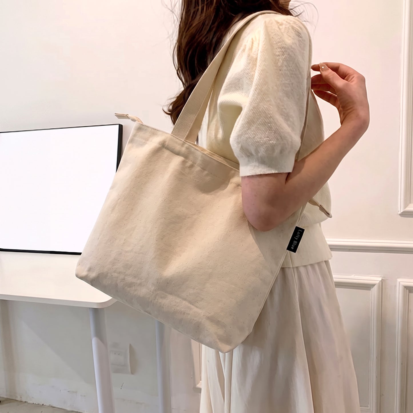 Lofty Blue Premium Cotton Canvas Tote Bag with Zipper | Reusable Everyday Shoulder Bag for Women | Eco-Friendly